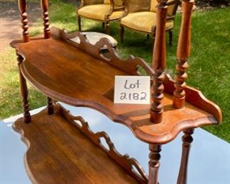 Lot 2182, $48.00. Antique, 3 tier wood shelf. Can rest on the floor or hang on the wall. Measures 33"W x 10" D x 27.5"H. Workmanship is top-notch!