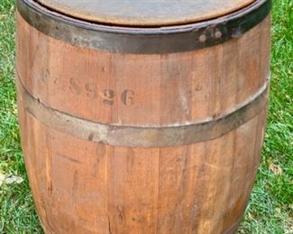 Lot 2183 $70.00. Old wood stave barrel with top. Perfect for your monkeys, to catch rain or just roll out and 'have a barrel of fun'! (Barb is full of jokes, y'all). 26"Tx17" dia