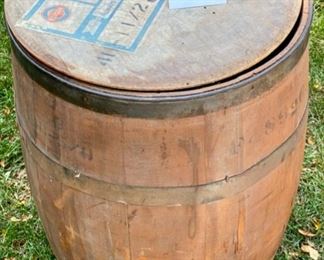 Lot 2183 $70.00 Old wood stave barrel with top. Perfect for your monkeys, to catch rain or just roll out and 'have a barrel of fun'!
