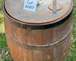Lot 2183 $70.00 Old wood stave barrel with top. Perfect for your monkeys, to catch rain or just roll out and 'have a barrel of fun'!