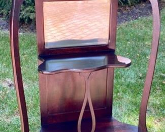 Lot 2184, $145.00. Antique open shelf curio with beveled mirrors. Maybe a gentleman dressing table? 26.5" W x 10" D x 54" H