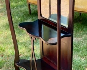 Lot 2184, $145.00. Antique open shelf curio with beveled mirrors. 26.5" W x 10" D x 54" H