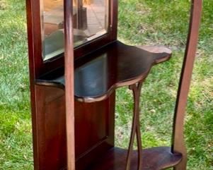 Lot 2184, $145.00. Antique open shelf curio with beveled mirrors. 26.5" W x 10" D x 54" H