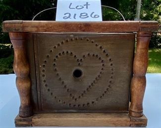 Lot 2186, $60.00. Antique Wood & punched metal foot/bed warmer
