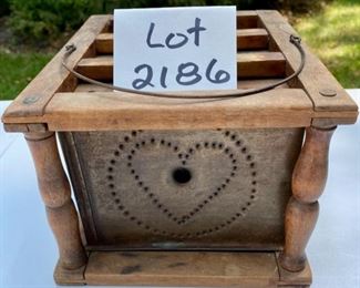 Lot 2186, $60.00. Antique Wood & punched metal foot/bed warmer