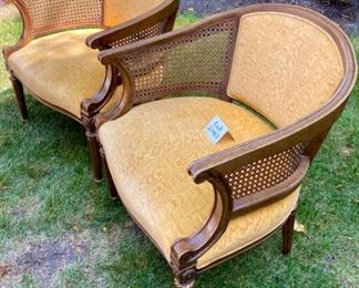 Lot 2187, $195.00. Pair of 1970 Vintage caned side, gold velvet, accent chairs