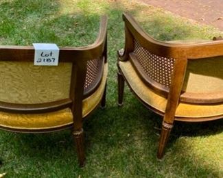 Lot 2187, $195.00. Pair of 1970 Vintage caned side, gold velvet, accent chairs