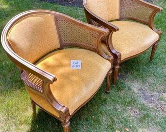 Lot 2187, $195.00. Pair of 1970 Vintage caned side, gold velvet, accent chairs