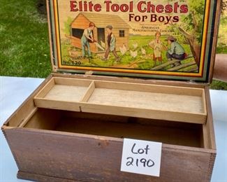 Lot 2190 $45.00. Antique Elite tool Chest for Boys. 19 " L x 10" W x 7"H Shown with Tray... Very rare to have the Tray and the Graphic in Great Shape. Perfect gift for your Son or Grandson or Daughter or Granddaughter, ahem... or fill with vintage tools.