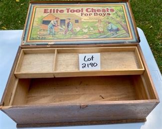 Lot 2190 $45.00 Antique Elite tool Chest for Boys. 19 " L x 10" W x 7"H Shown with Tray... Very rare to have the Tray and the Graphic in Great Shape