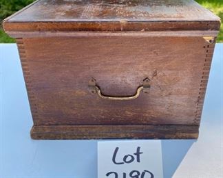 Lot 2190 $45.00 Antique Elite tool Chest for Boys. 19 " L x 10" W x 7"H View of Side of Chest and original Handles