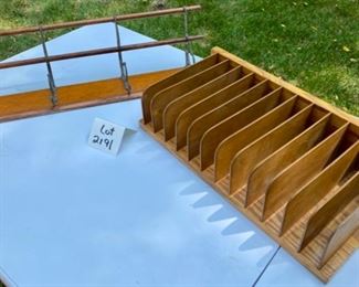 Lot 2191 $30.00 Vintage Wooden desk letter rack and sorter, (24"Lx 6"Wx6.5"Deep) and vintage oak and metal towel rack with rods and hooks (19.5" W x10" D x 5" H)