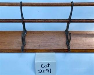 Lot 2191 $30.00 Vintage Wooden desk letter rack and sorter, (24"Lx 6" Wx6.5"Deep) and vintage oak and metal towel rack with rods and hooks (19.5" W x10" D x 5" H)