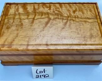 Lot 2192 $95.00 Beautiful Burl Wood jewelry/storage box with removable wooden trays. 15.5" L x 9" W x 5"H Incredible craftsmanship. A thoughtful gift, too.