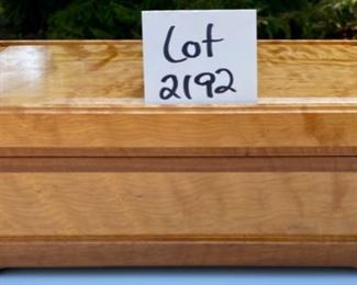 Lot 2192 $95.00 Beautiful Burl Wood jewelry/storage box with removable wooden trays. 15.5" L x 9" W x 5"H Incredible craftsmanship. A thoughtful gift, too.