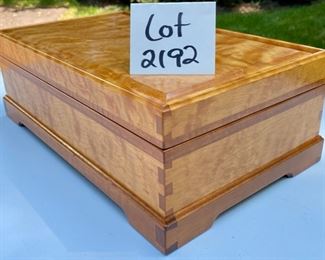 Lot 2192 $95.00 Beautiful Burl Wood jewelry/storage box with removable wooden trays. 15.5" L x 9" W x 5"H Incredible craftsmanship. A thoughtful gift, too.