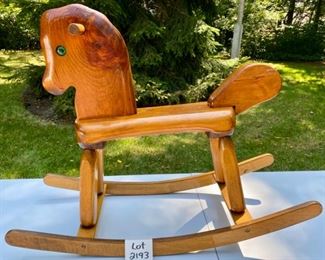Lot 2193 $75.00 Vintage Wood Rocking Horse, 34" W x 27" H x 13.5"W This would be a lovely gift for a baby shower or welcoming gift! Adorable!