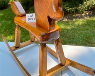 Lot 2193 $75.00 Vintage Wood Rocking Horse, 34" W x 27" H x 13.5"W This would be a lovely gift for a baby shower or welcoming gift! Adorable!