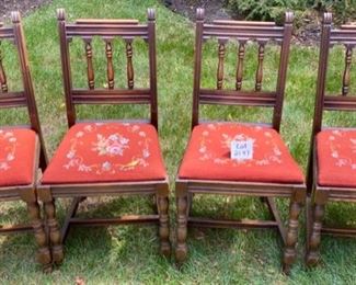 Lot 2197 $120.00 Set of 4 vintage Oak Needlepoint seat, Dining Chairs. 18" W x 19" D x 33" H Excellent condition.