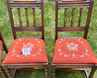 Lot 2197 $120.00 Set of 4 vintage Oak Needlepoint seat, Dining Chairs. 18" W x 19" D x 33" H Excellent condition.