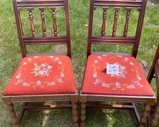 Lot 2197 $120.00 Set of 4 vintage Oak Needlepoint seat, Dining Chairs. 18" W x 19" D x 33" H Excellent condition.