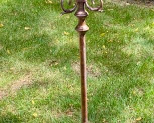 Lot 2200 $65.00. Antiqued, bronze color stand with 5 candle holders, 16 plastic crystals. 51" H x 15" Diameter. This would be charming holding some plants as well.