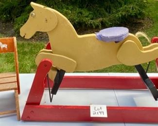 Lot 2199 $40.00 Vintage Wood Rocking Horse (missing one rocker connection piece) and vintage child's step stool.