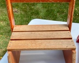 Lot 2199 $40.00 Vintage Wood Rocking Horse (missing one rocker connection piece) and vintage child's step stool.
