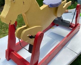 Lot 2199 $40.00 Vintage Wood Rocking Horse (missing one rocker connection piece) and vintage child's step stool.