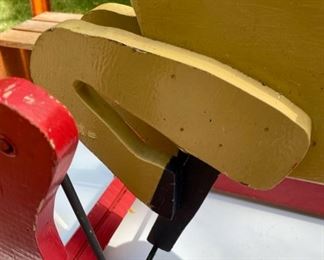 Lot 2199 $40.00 Vintage Wood Rocking Horse (missing one rocker connection piece) and vintage child's step stool. Shows missing piece from previous photo
