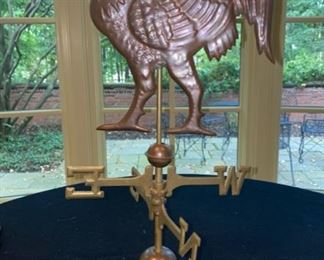 Lot 2106 Asking $175.00 Weather Vane w/ rooster. Brass base with Copper Rooster. Vintage 20" tall x 10" in diameter. This is a cute piece that evokes a farmhouse whimsical, eclectic addition to your decor. Love it.