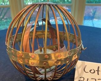 Lot 2173. $275.00. Rare. An Antique Gimbal Whaler Lamp of brass and copper. Appears to be handmade, early 19th Century. Has a "32" stamped on the hinges. The lamp has a gimbal in it which allows the lantern wick to never turn over. Blacksmiths used to make the iron black gimbal whaler lamps, while the ships' men would make the copper and/or brass ones. This appears to be crafted and never used. Look at the type font of the #32 - very old.