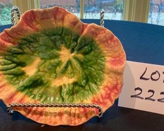 Lot 2225, $65.00. Antique Etruscan Majolica leaf plate, signed. (small chips on the underside of leaf edge, does not show on display. 9" x 7" Stand is not part of lot.