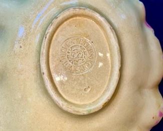 Lot 2225, $65.00. Antique Etruscan Majolica leaf plate, stamped . (small chips on the underside of leaf edge, does not show on display. 9" x 7" Stand is not part of lot. (chips are on edge in upper right corner here)