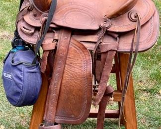 Lot 2207. Asking $150.00. Child's Western-style Shetland Pony saddle, mounted on a custom made stool to serve as a saddle chair! 34"T x 20"W x 16" D