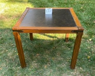 Lot 2211. $50.00. Vintage Side table with brass corner ties & leather-look top. 24" sq x 21.5" h