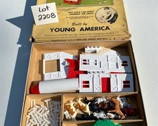 Lot 2208 $75.00 3 sets of Vintage Plasticville, USA, built by Young America. Build a plastic village -- we have for sale: Barn Animal Unit BA-7, Train Accessories TA-1. ,Shopping Unit SU-5. Boxes aren't in great shape, but the structures are in terrific condition