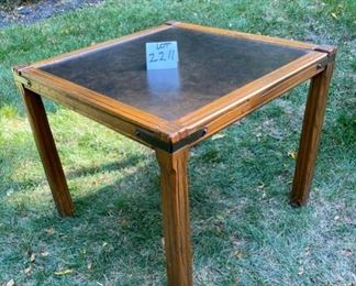 Lot 2211. $50.00. Vintage Side table with brass corner ties & leather-look top. 24" sq x 21.5" h