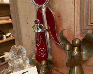 Lot 2226. $20.00. Lot of 4 candle holder angels. Red leaded glass angel (10"). 2 brass mini-taper candleholders, 1 glass angel