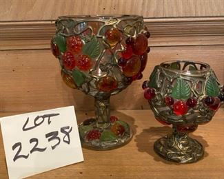 Lot 2238. $20.00 Pair of Candle votives or goblets? Lead over glass w/fruit tree and colorful glass accents