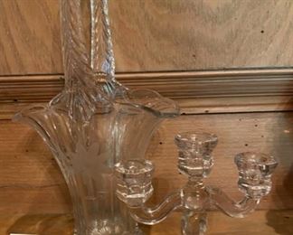 Lot 2239. $16.00. Clear Glass lot: candelabra and etched glass handled basket/vase