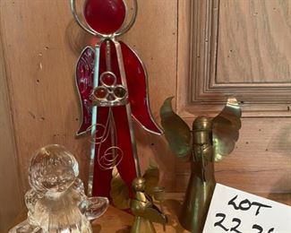 Lot 2226. $20.00. Lot of 4 candle holder angels. Red leaded glass angel (10"). 2 brass mini-taper candleholders, 1 glass angel
