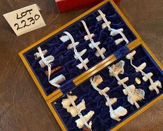 Lot 2230. $22.00. Sweet travel chess set with full set of wooden pieces. Velvet lined board is painted, brown and black, not in perfect condition but it plays great! NOTE: Black and White pieces are included in Lot 2228.
