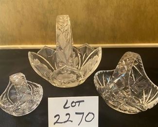 Lot 2270, $ 28.00. 3 nice crystal baskets, 1) 9" x9" x6.5"W. 2). 7" x 6" x 5" W. 3) 5" x 4.5" x 4" W