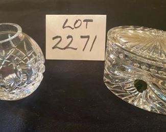 Lot 2271, $30.00 Waterford Crystal covered candy or cigarette jar, W/label, 6" x 4" x 4" W and a Waterford round vase or small rose bowl, 4.5" x 5"W. Sweet pieces