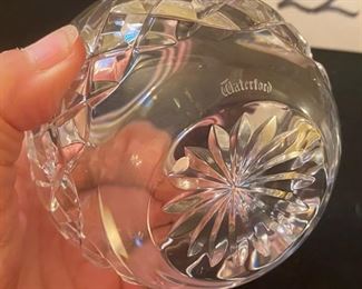 Lot 2271, $30.00 Waterford Crystal covered candy or cigarette jar, W/label, 6" x 4" x 4" W and a Waterford round vase or small rose bowl, 4.5" x 5"W