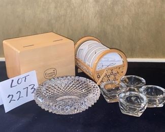 Lot 2273, $30.00 Ashtray lot: 1) Unbranded Crystal ashtray, 2) Four individual glass ashtrays by Heise, and 3) Franciscan White Stoneware boxed party ashtrays and stand