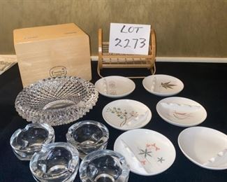 Lot 2273, $30.00 Ashtray lot: 1) Unbranded Crystal ashtray, 2) Four individual glass ashtrays by Heise, and 3) Franciscan White Stoneware boxed party ashtrays and stand