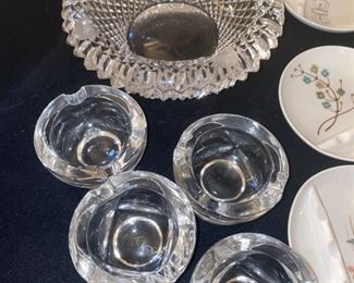 Lot 2273, $30.00 Ashtray lot: 1) Unbranded Crystal ashtray, 2) Four individual glass ashtrays by Heise, and 3) Franciscan White Stoneware boxed party ashtrays and stand