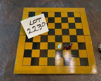 Lot 2230. $22.00. A sweet travel chess set with a full set of wooden pieces. Velvet lined board is painted, brownish and black, not in perfect condition but it plays great!